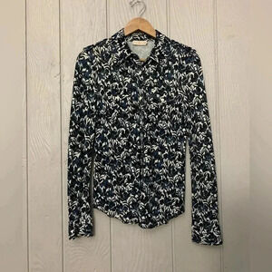 Tory Burch blue navy white Floral Print Button Down Rayon Blouse | Size M
